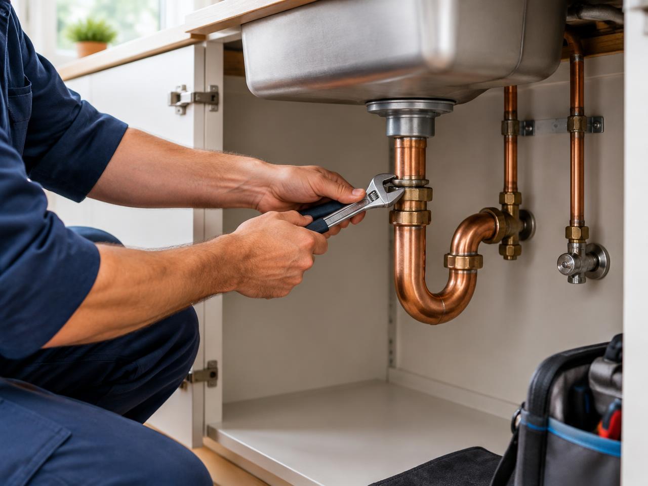 Plumbing work completed neatly beneath a sink